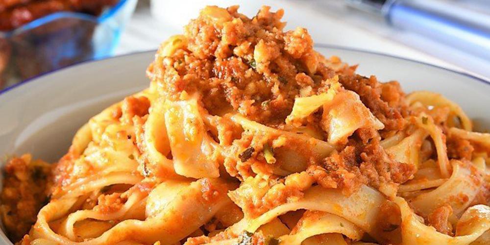 Tagliatelle with Sicilian pesto aubergines and pistachios